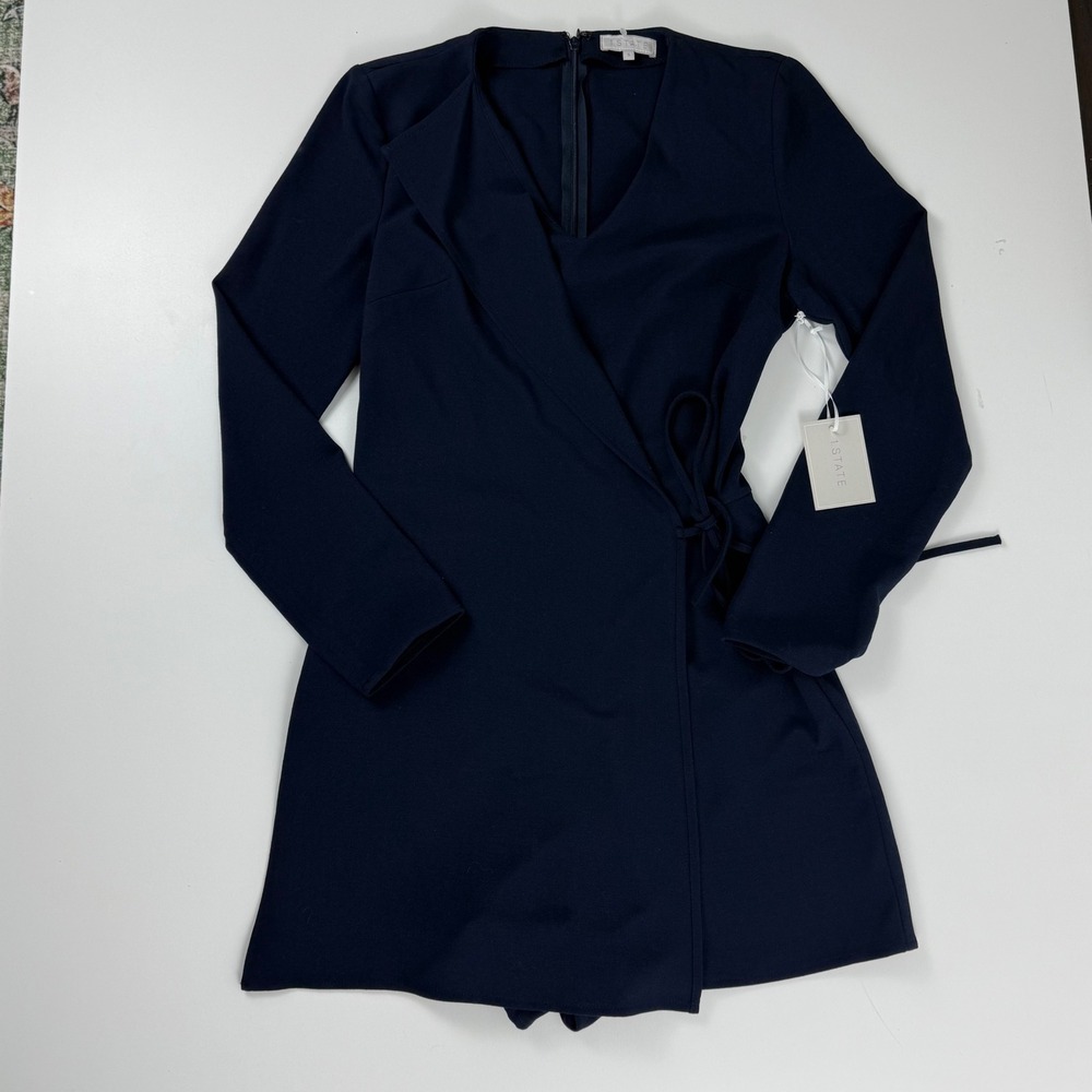 1.STATE Navy Blue Wrap Front Long Sleeve Skort Romper Size S New